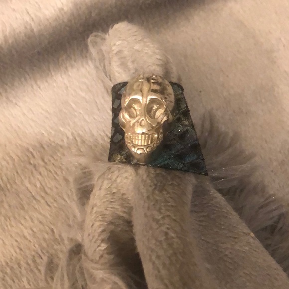 handmade Jewelry - Sugar skull ring dark rainbow leather